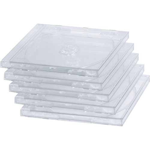 Ein Stapel leerer CD-Hüllen aus transparentem Kunststoff.